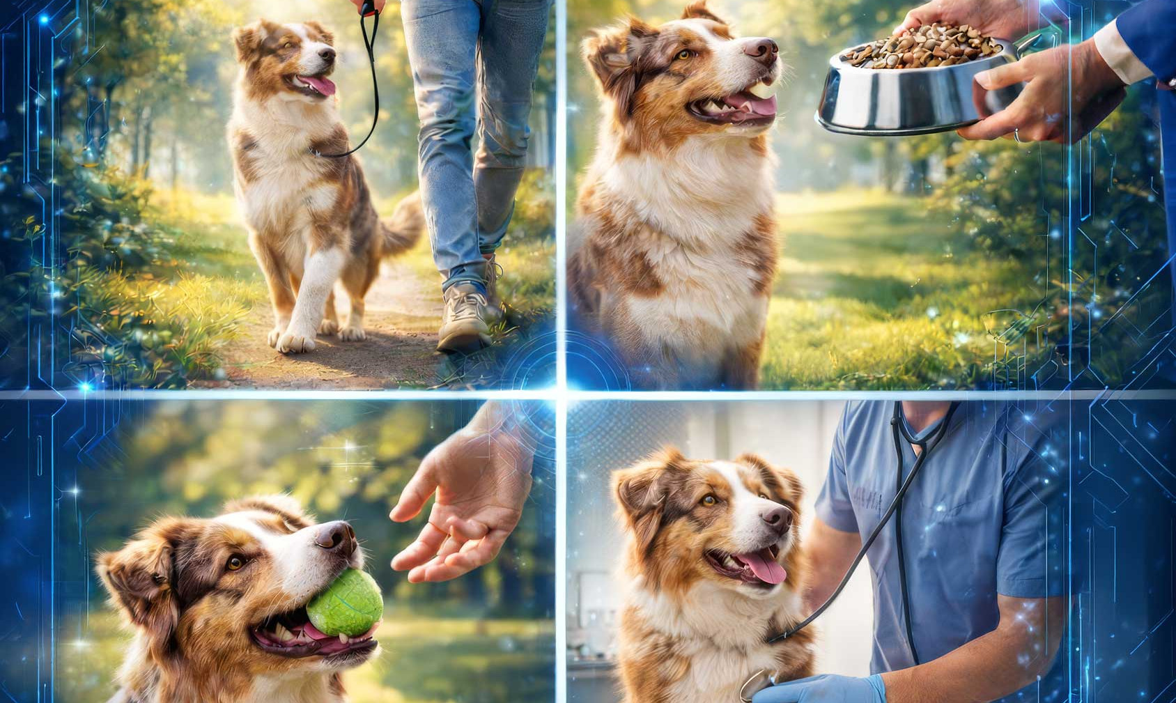 Collage di un australiano in educazione: passeggiata al guinzaglio, pappa, gioco e visita dal veterinario