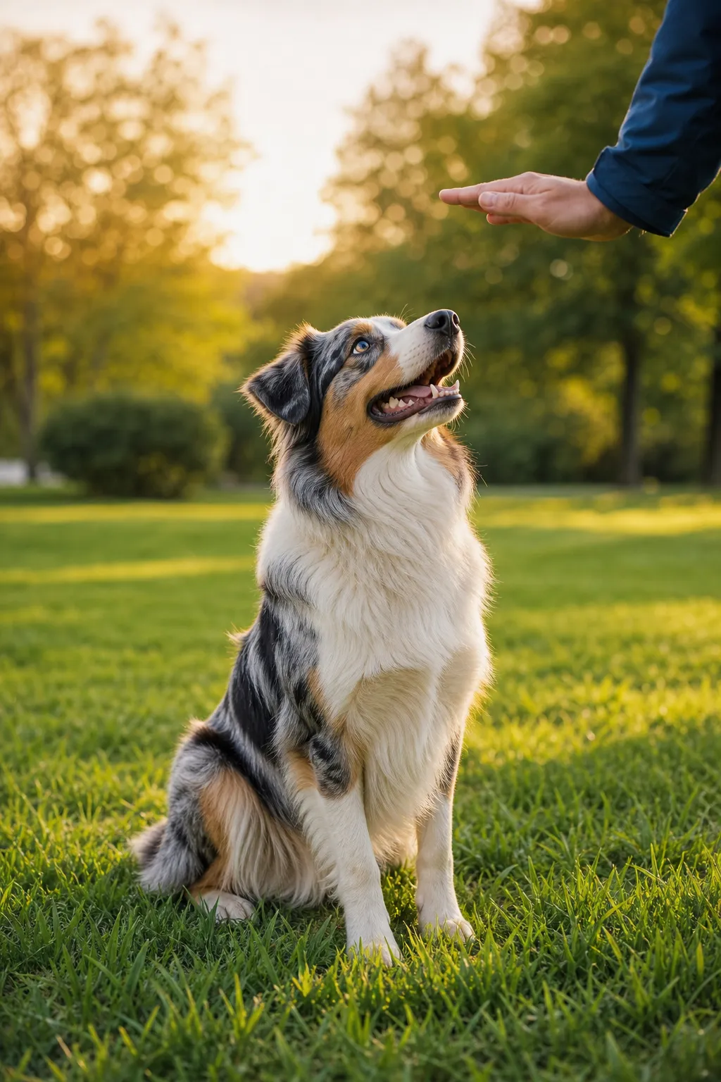 Cane australiano attento durante un esercizio di educazione al parco